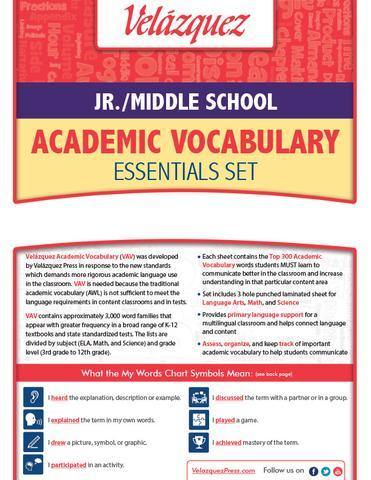 Velázquez Jr./Middle School Academic Vocabulary Essential Set - Khmu