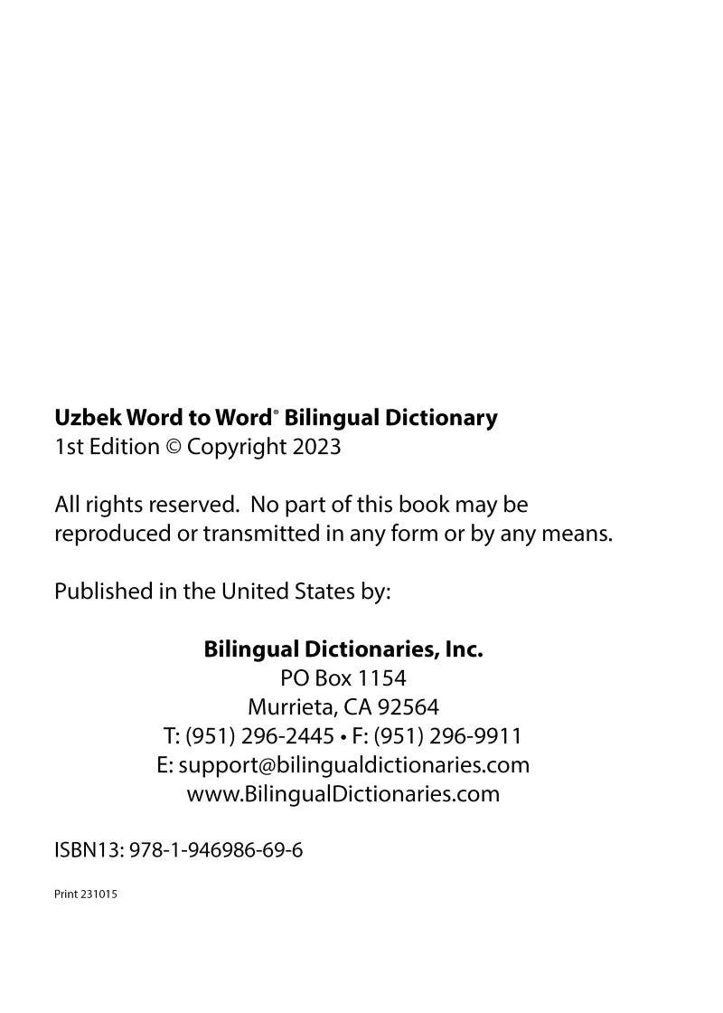 Uzbek Word to Word® Bilingual Dictionary