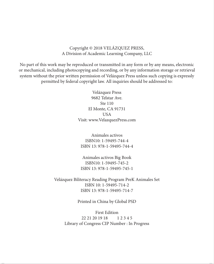 Velázquez Biliteracy Program PreK Animales