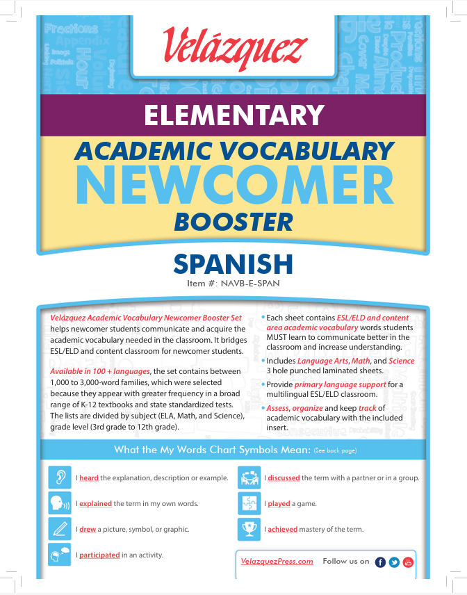Velázquez Elementary Academic Vocabulary Newcomer Booster Set - Spanish