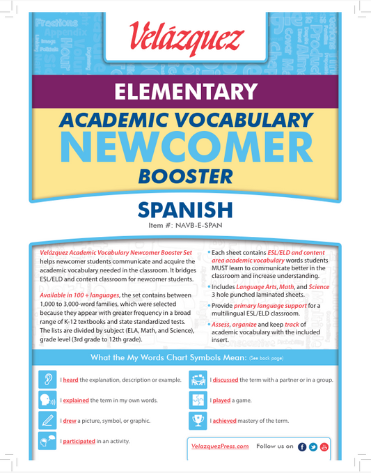 Velázquez Elementary Academic Vocabulary Newcomer Booster Set - Spanish