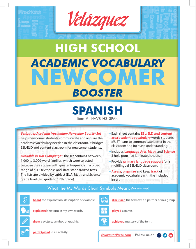 Velázquez High School Academic Vocabulary Newcomer Booster Set - Spanish
