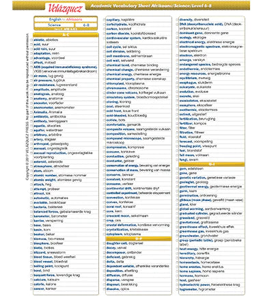 Velázquez Turkish Science Academic Vocabulary Sheet for Level 6-8