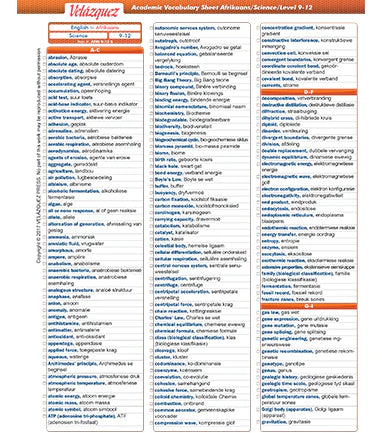 Velázquez Dutch Science Academic Vocabulary Sheet for Level 9-12