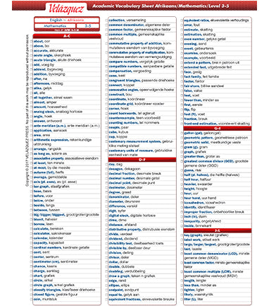 Velázquez Albanian Math Academic Vocabulary Sheet for Level 3-5