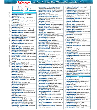 Velázquez Albanian Math Academic Vocabulary Sheet for Level 9-12