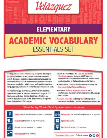 Velázquezz Elementary Common Core Academic Vocabulary Essential Set - Spanish
