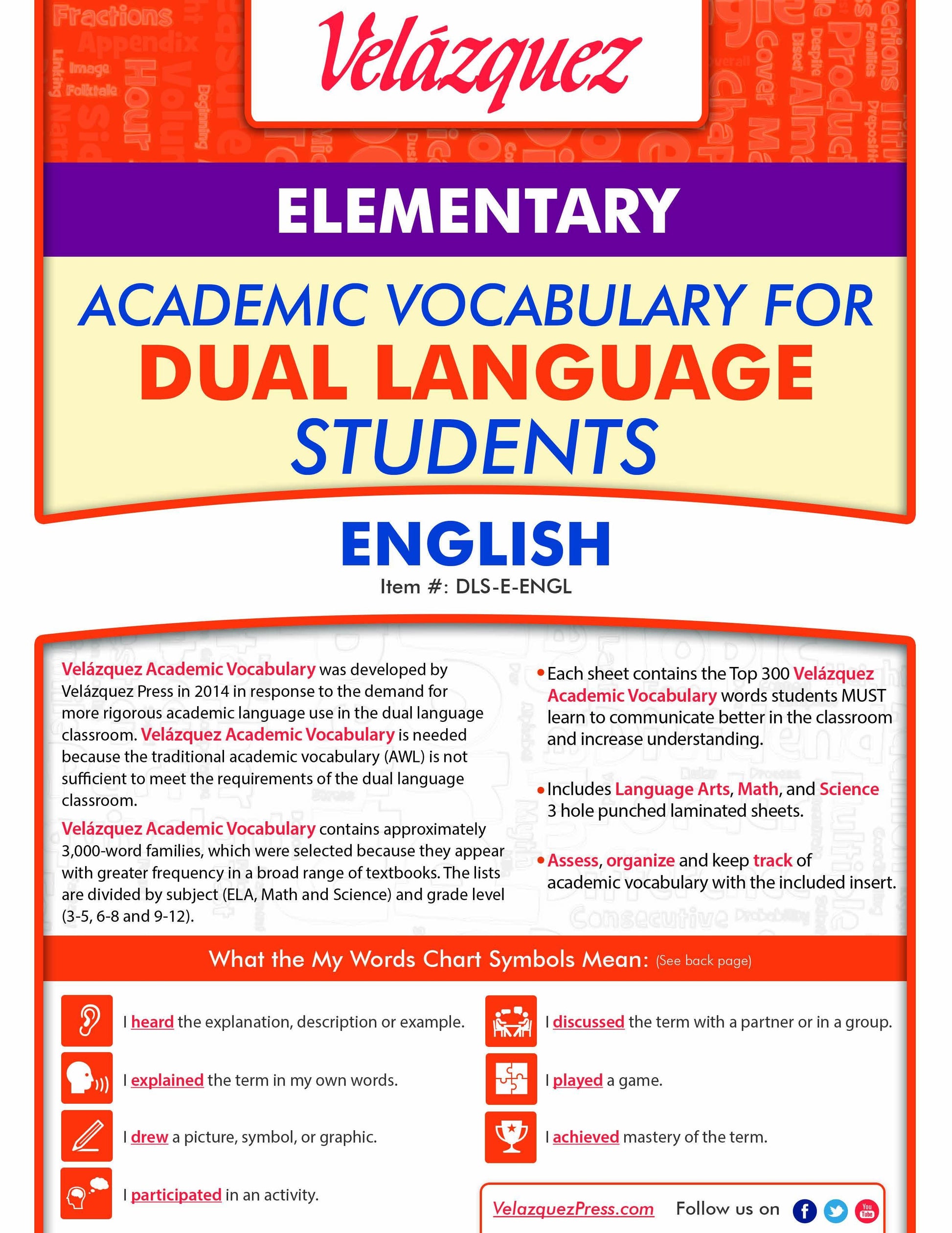 Velázquez Academic Vocabulary for Dual Language Students - Elementary (English) - Velàzquez Press | Biliteracy