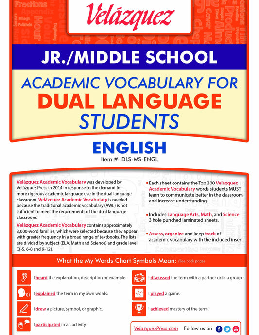 Velázquez Academic Vocabulary for Dual Language Students - Jr./Middle School (English) - Velàzquez Press | Biliteracy