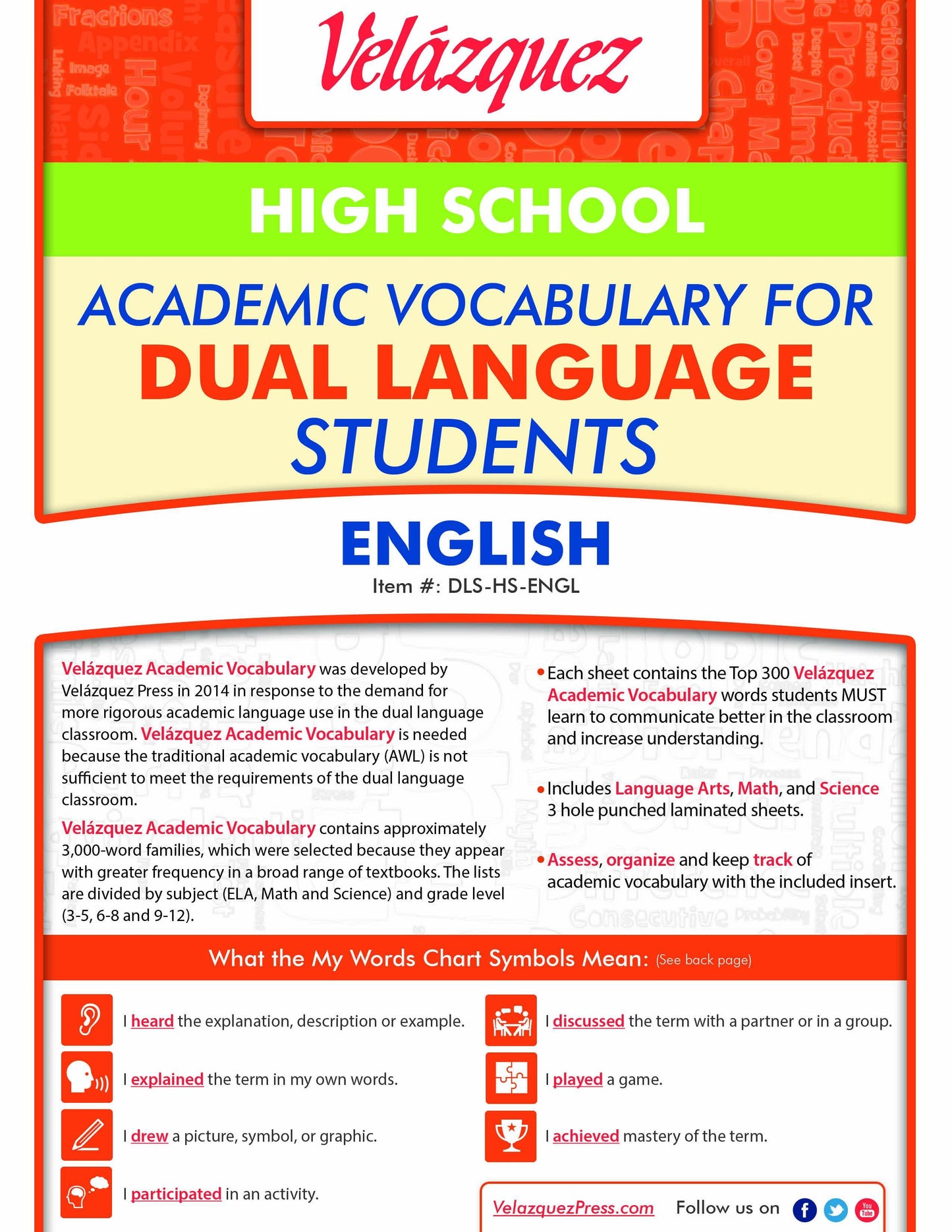 Velázquez Academic Vocabulary for Dual Language Students - High School (English) - Velàzquez Press | Biliteracy